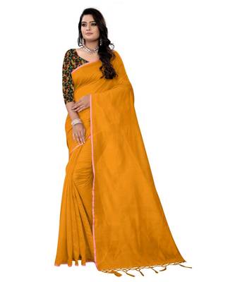 mustard plain cotton saree with blouse 1