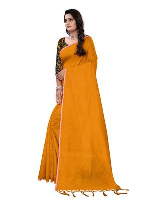 mustard plain cotton saree with blouse 2