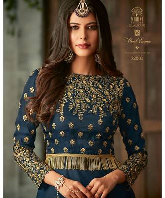 blue embroidered art silk semi stitched salwar with dupatta 2