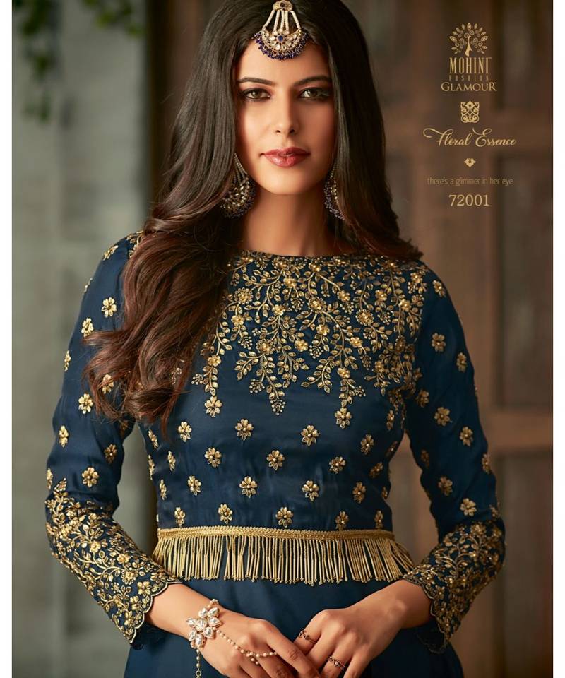 blue embroidered art silk semi stitched salwar with dupatta