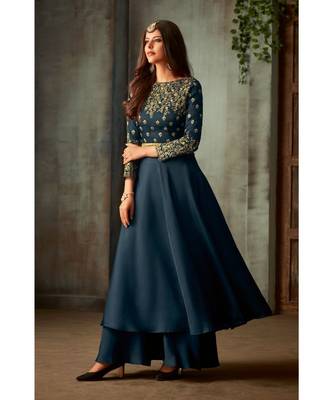 blue embroidered art silk semi stitched salwar with dupatta 1
