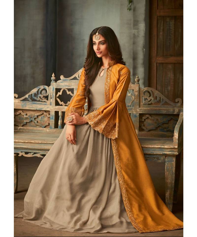 Beige Embroidered Georgette Semi Stitched Salwar With Dupatta