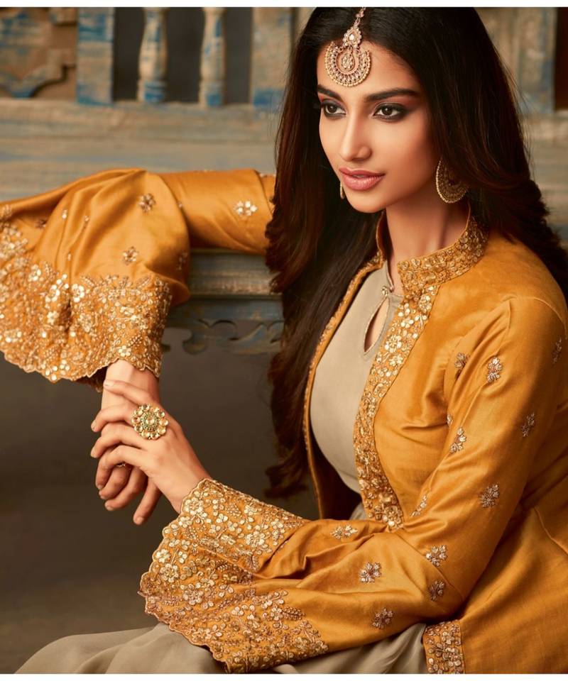 Beige Embroidered Georgette Semi Stitched Salwar With Dupatta