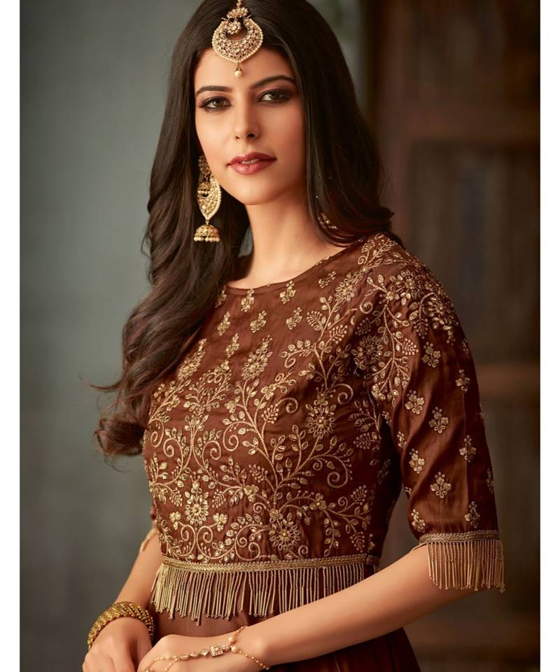 brown embroidered art silk semi stitched salwar with dupatta