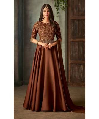 brown embroidered art silk semi stitched salwar with dupatta 1