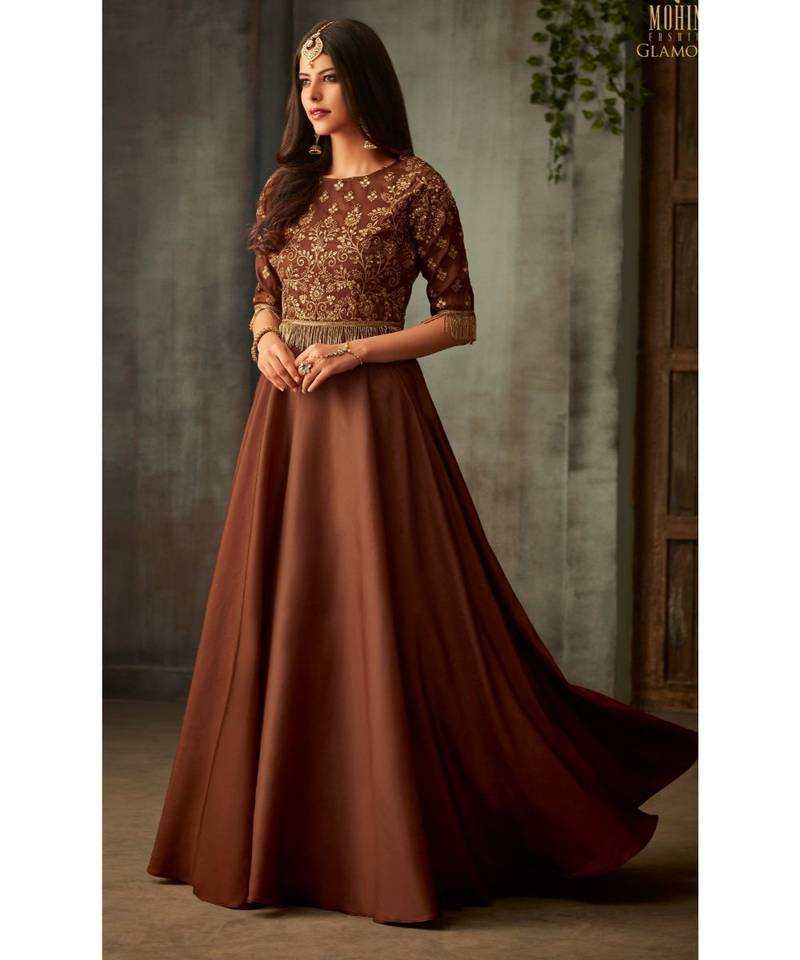 brown embroidered art silk semi stitched salwar with dupatta
