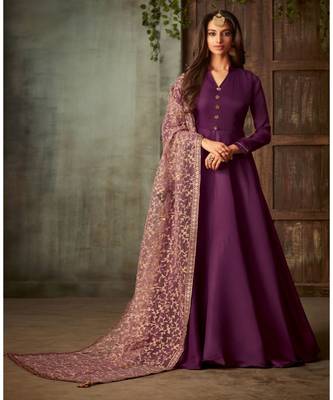 purple embroidered art silk semi stitched salwar with dupatta 1