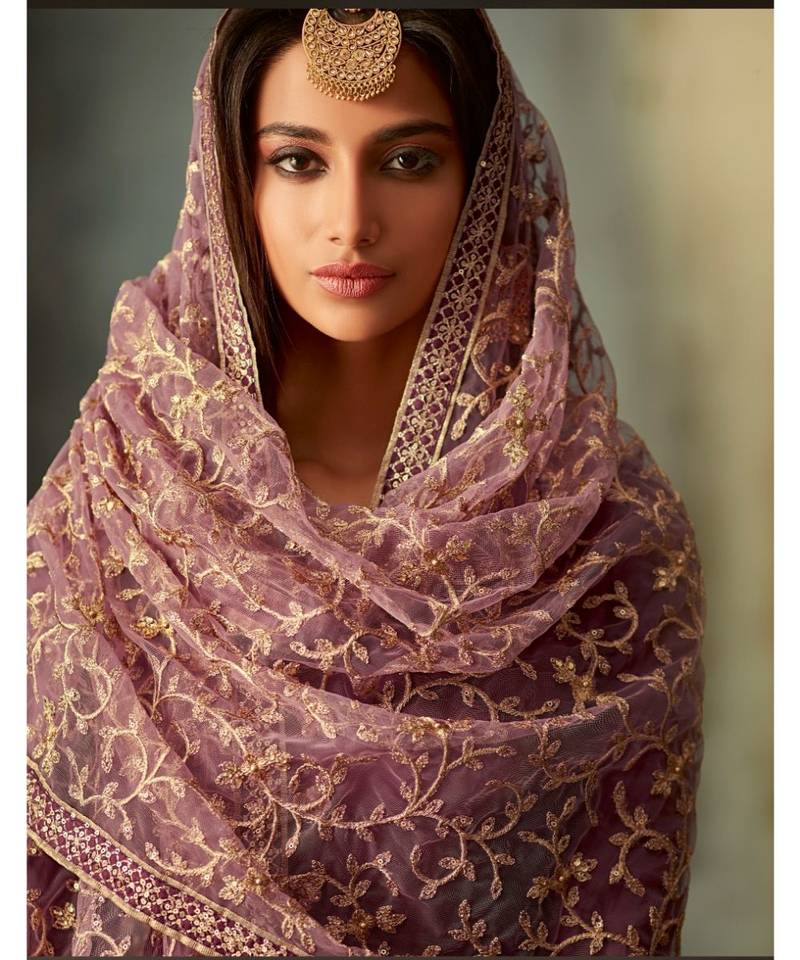 purple embroidered art silk semi stitched salwar with dupatta