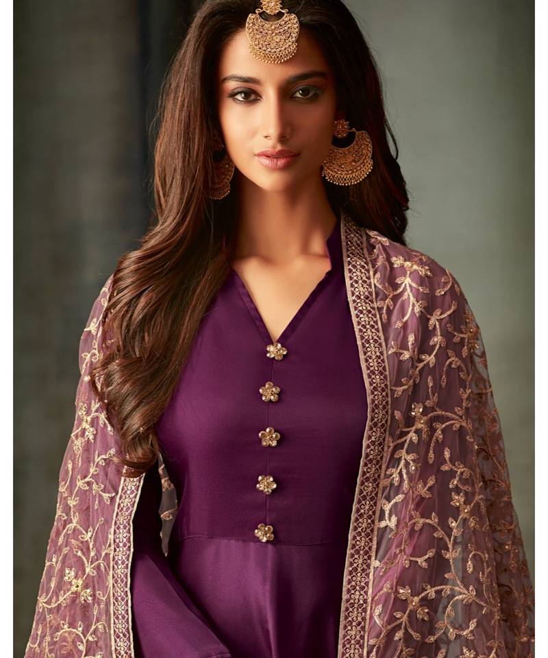 purple embroidered art silk semi stitched salwar with dupatta