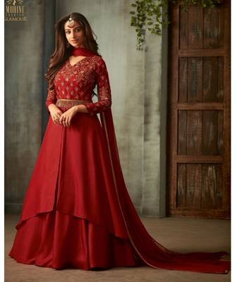 red embroidered art silk semi stitched salwar with dupatta 1
