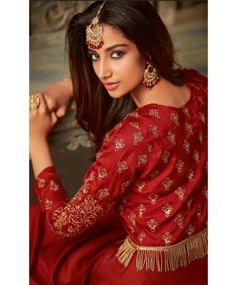 red embroidered art silk semi stitched salwar with dupatta 2