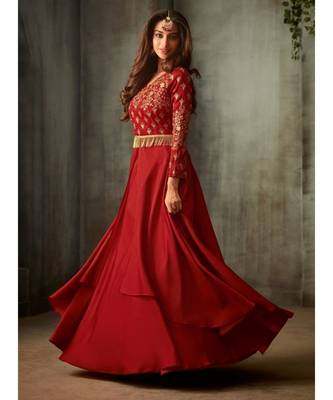 red embroidered art silk semi stitched salwar with dupatta 3