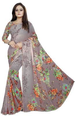 Light chocolate printed georgette saree with blouse 1