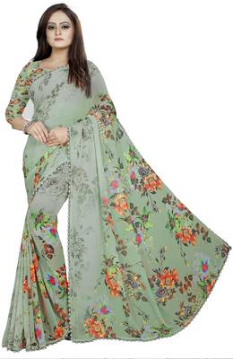 Light green printed georgette saree with blouse 1