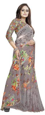 Light chocolate printed georgette saree with blouse 2