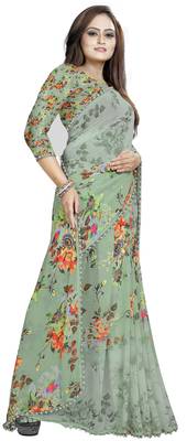 Light green printed georgette saree with blouse 2