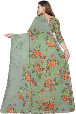 Light green printed georgette saree with blouse 3