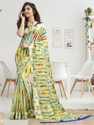 Multicolor printed linen saree with blouse 2