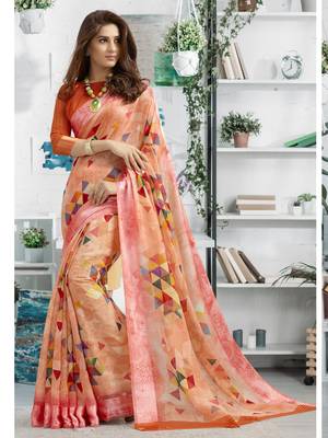 Orange printed linen saree with blouse 1