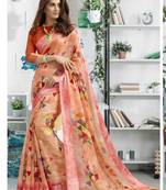 Orange printed linen saree with blouse