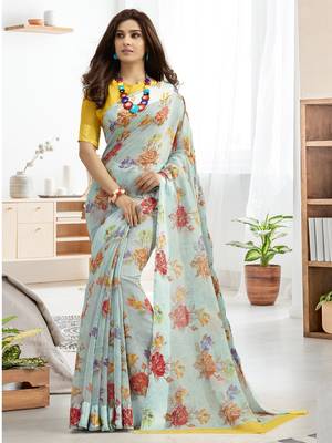 Sky blue printed linen saree with blouse 1