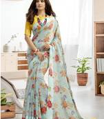 Sky blue printed linen saree with blouse