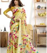 Yellow printed linen saree with blouse