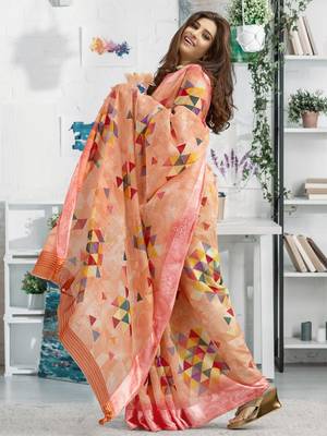 Orange printed linen saree with blouse 2