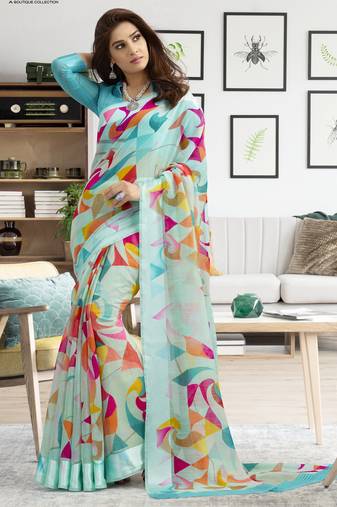 Turquoise printed linen saree with blouse