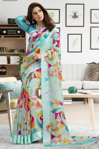Turquoise printed linen saree with blouse