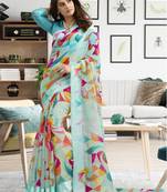 Turquoise printed linen saree with blouse