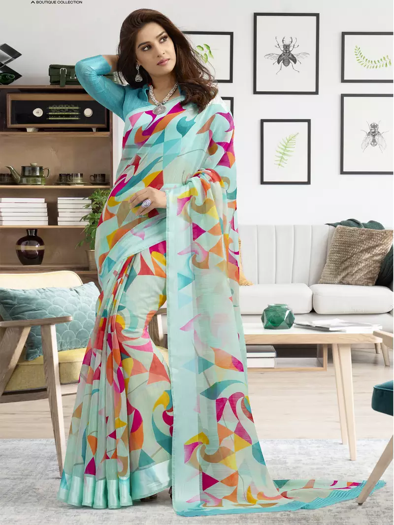 Turquoise printed linen saree with blouse