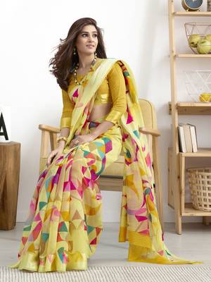Yellow printed linen saree with blouse 2