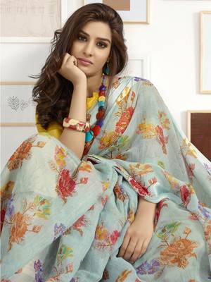 Sky blue printed linen saree with blouse 2