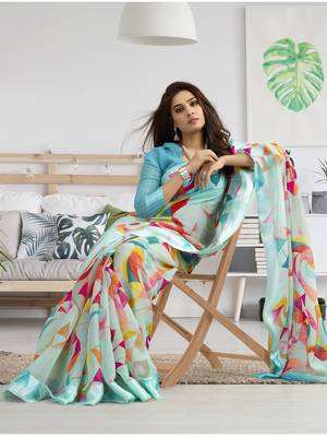 Turquoise printed linen saree with blouse 3