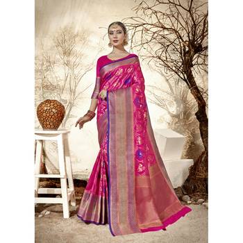 Pink woven jacquard saree with blouse 1