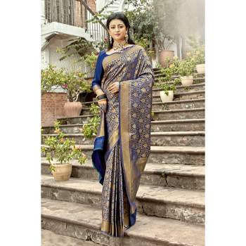 Blue woven jacquard saree with blouse 1