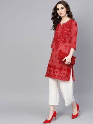 Maroon embroidered jute cotton chikankari-kurtis 1
