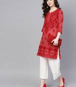 Maroon embroidered jute cotton chikankari-kurtis