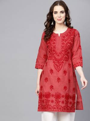 Maroon embroidered jute cotton chikankari-kurtis 2