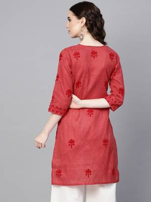 Maroon embroidered jute cotton chikankari-kurtis 3