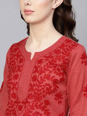 Maroon embroidered jute cotton chikankari-kurtis 5
