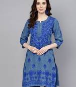 Navy-blue embroidered jute cotton chikankari-kurtis