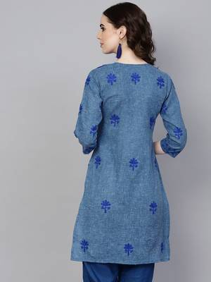 Navy-blue embroidered jute cotton chikankari-kurtis 2