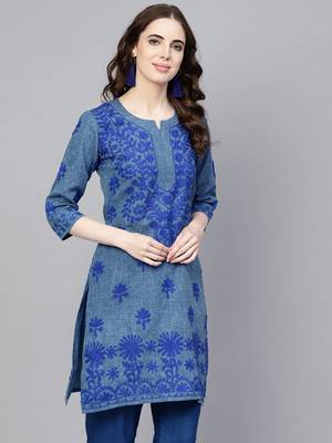 Navy-blue embroidered jute cotton chikankari-kurtis 3