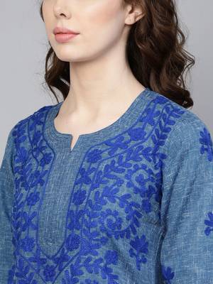 Navy-blue embroidered jute cotton chikankari-kurtis 4