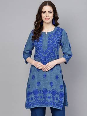 Navy-blue embroidered jute cotton chikankari-kurtis 5