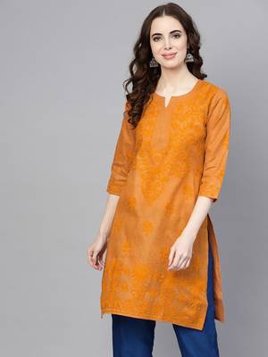 Mustard embroidered jute cotton chikankari-kurtis 1