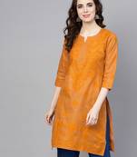 Mustard embroidered jute cotton chikankari-kurtis