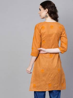 Mustard embroidered jute cotton chikankari-kurtis 2